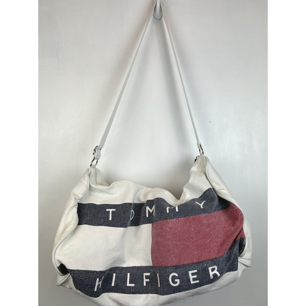 Vintage 1990s Tommy Hilfiger Duffle Bag Logo White Canvas Y2K Read